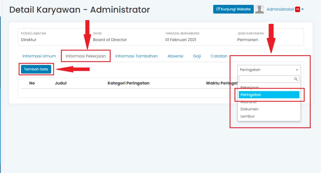 Cara Menambah Informasi Peringatan Karyawan